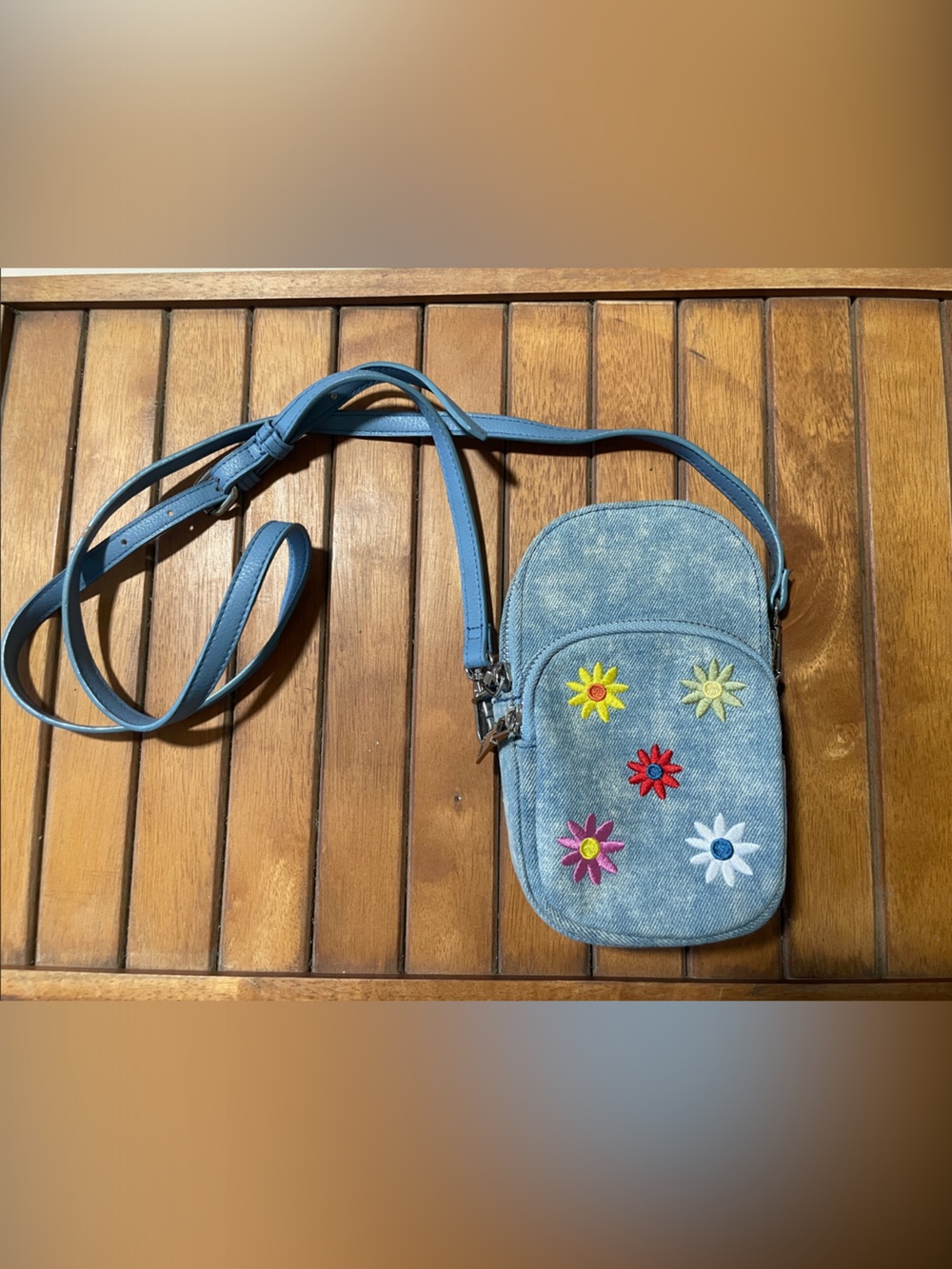 7” Denim Floral Embroidered Crossbody Bag in Light Blue